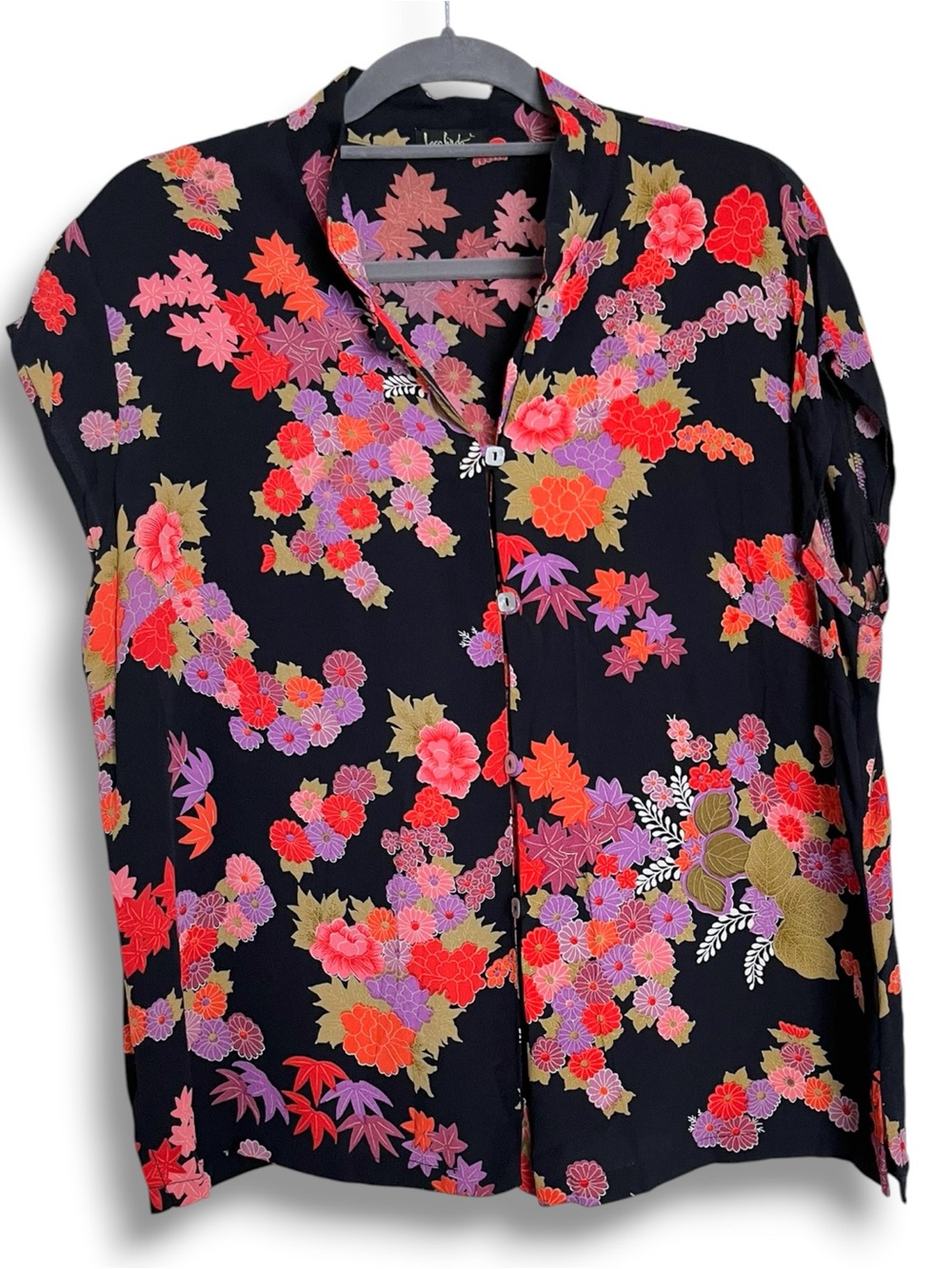 Loco Lindo Floral Mandarin Collar Tea Timer Short Sleeve Button Front Top Large